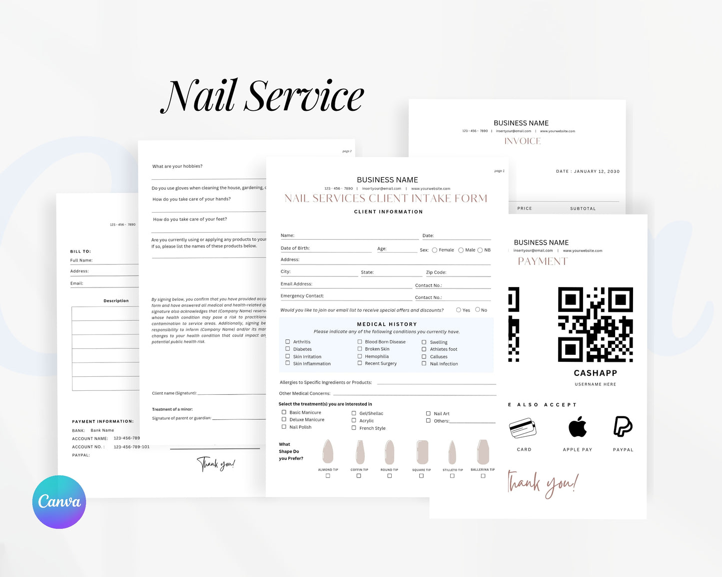 Nail Service Form, Consultation form, Client consent form, Editable Canva templates