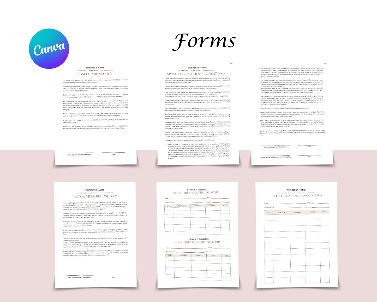 Spray Tan Form, Consultation form, Client consent form, Loyalty Card, Business Card, Editable Canva templates, Aftercare Card