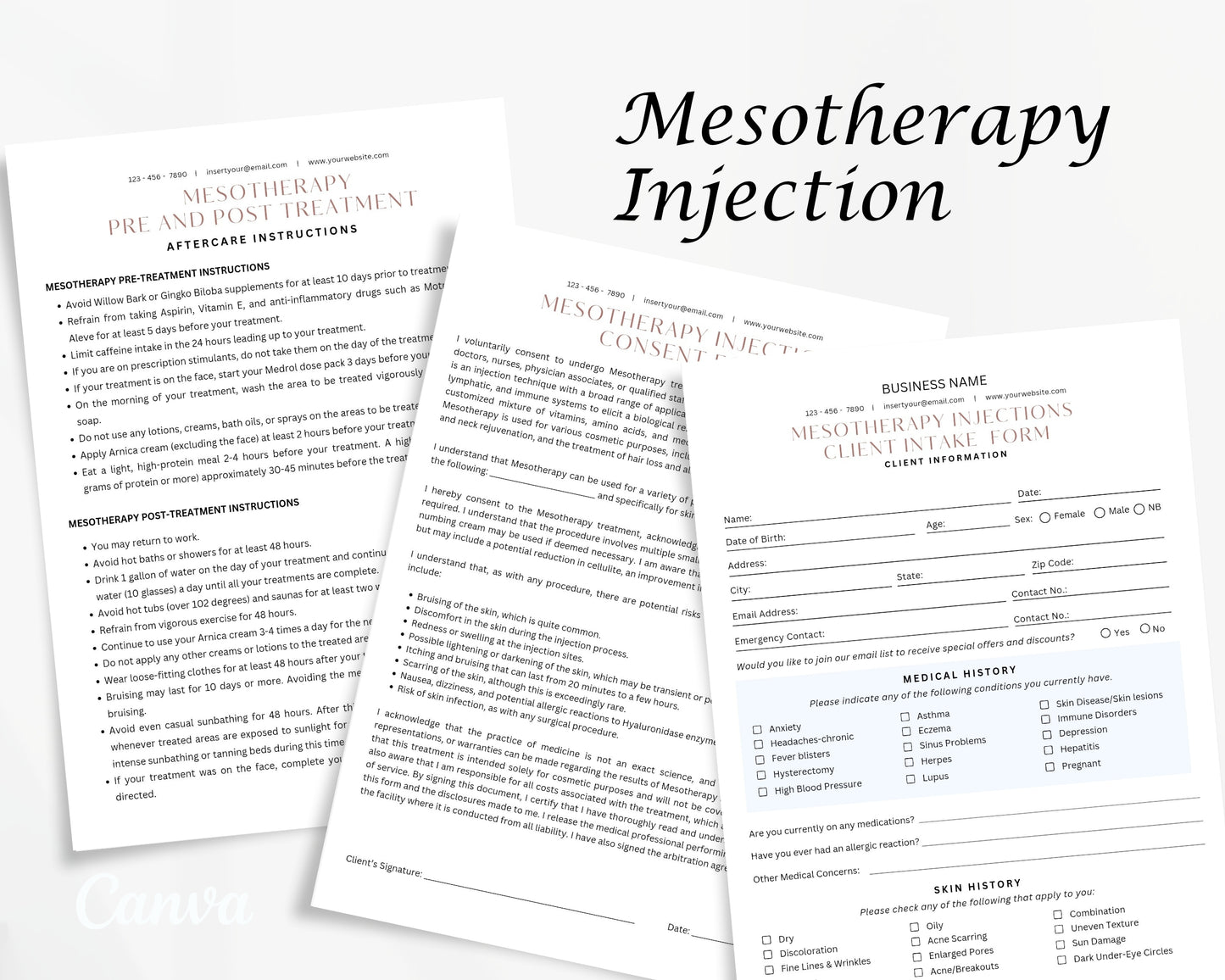 Mesotherapy Form, Consultation form, Client consent form, Editable Canva templates