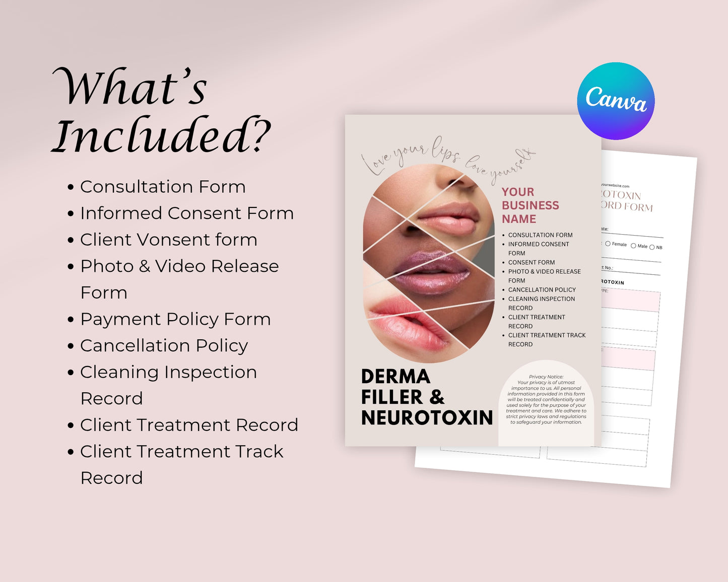 Derma Filler Form, Consultation form, Client consent form, Loyalty Card, Business Card, Editable Canva templates, Aftercare Card