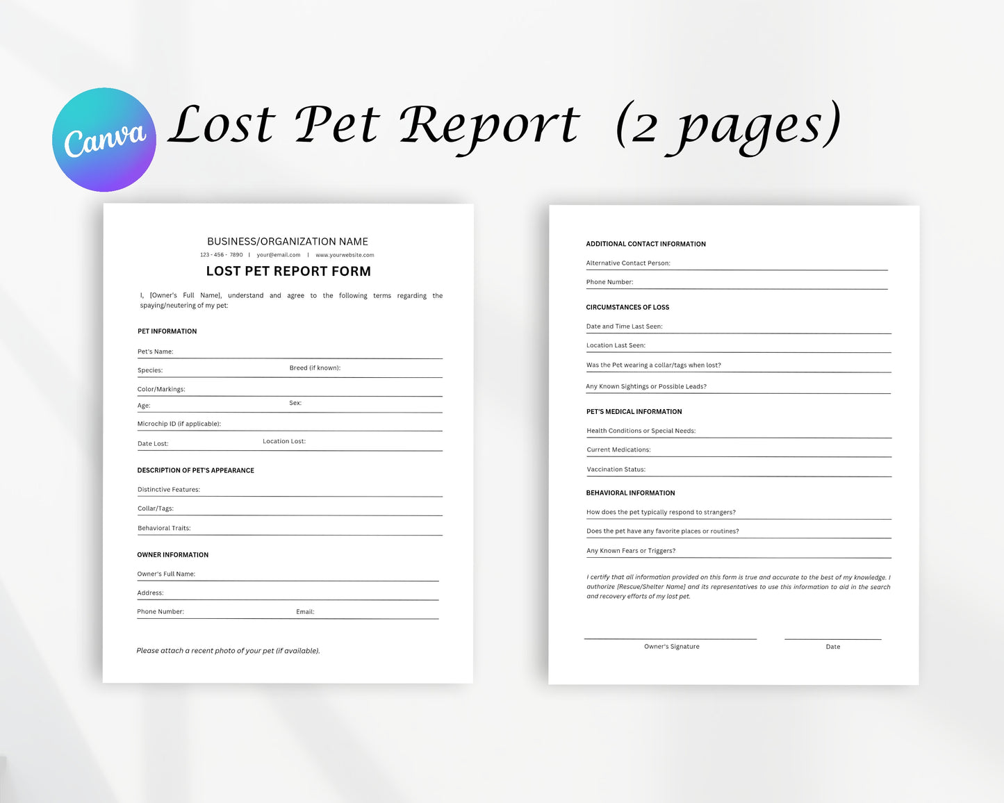 Lost Pet Report Printable Form, Edit in Canva, Digital