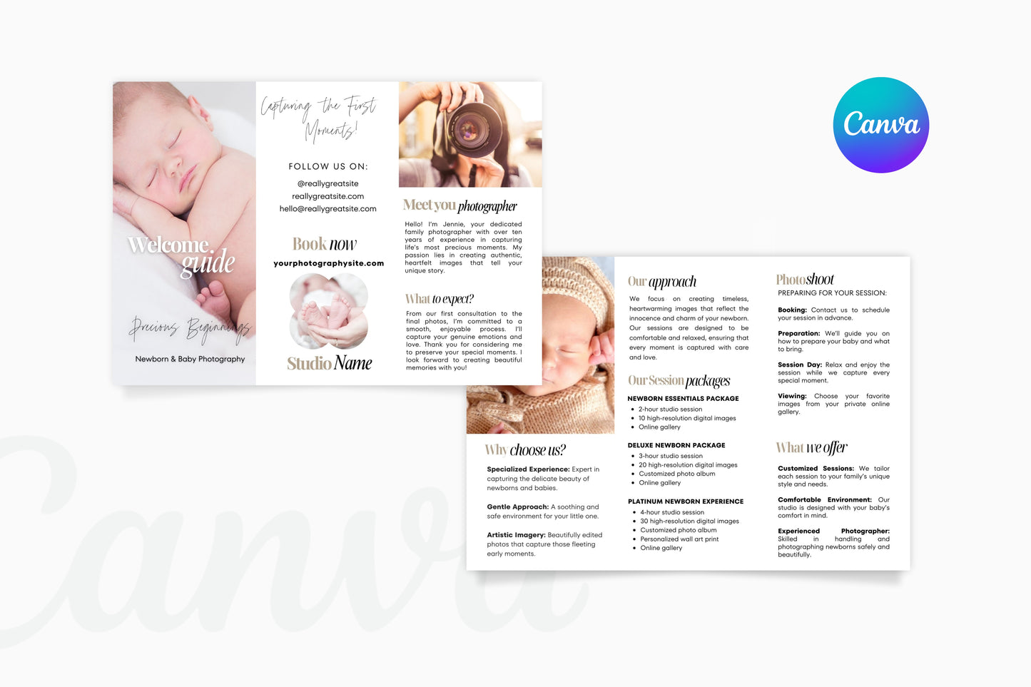 Photography Trifold Flyer Template, Welcome Packet Guide, Newborn, Edit in Canva - PTD2