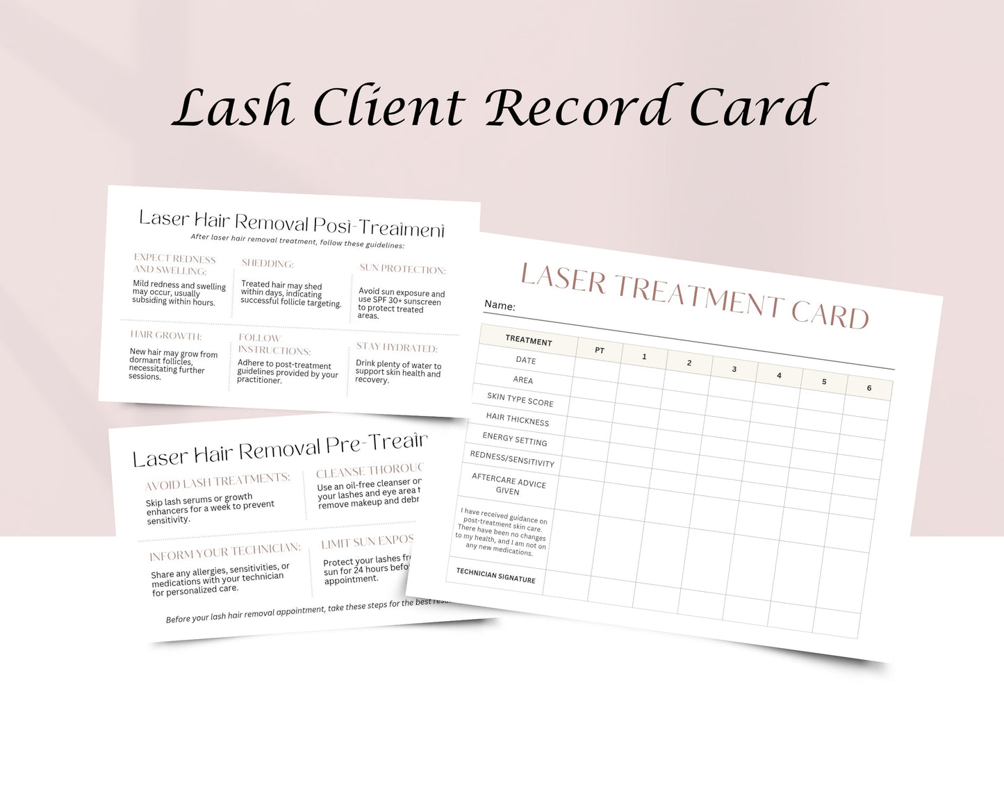 Laser Hair Removal Form, Consultation form, Client consent form, Loyalty Card, Business Card, Editable Canva templates, Aftercare Card