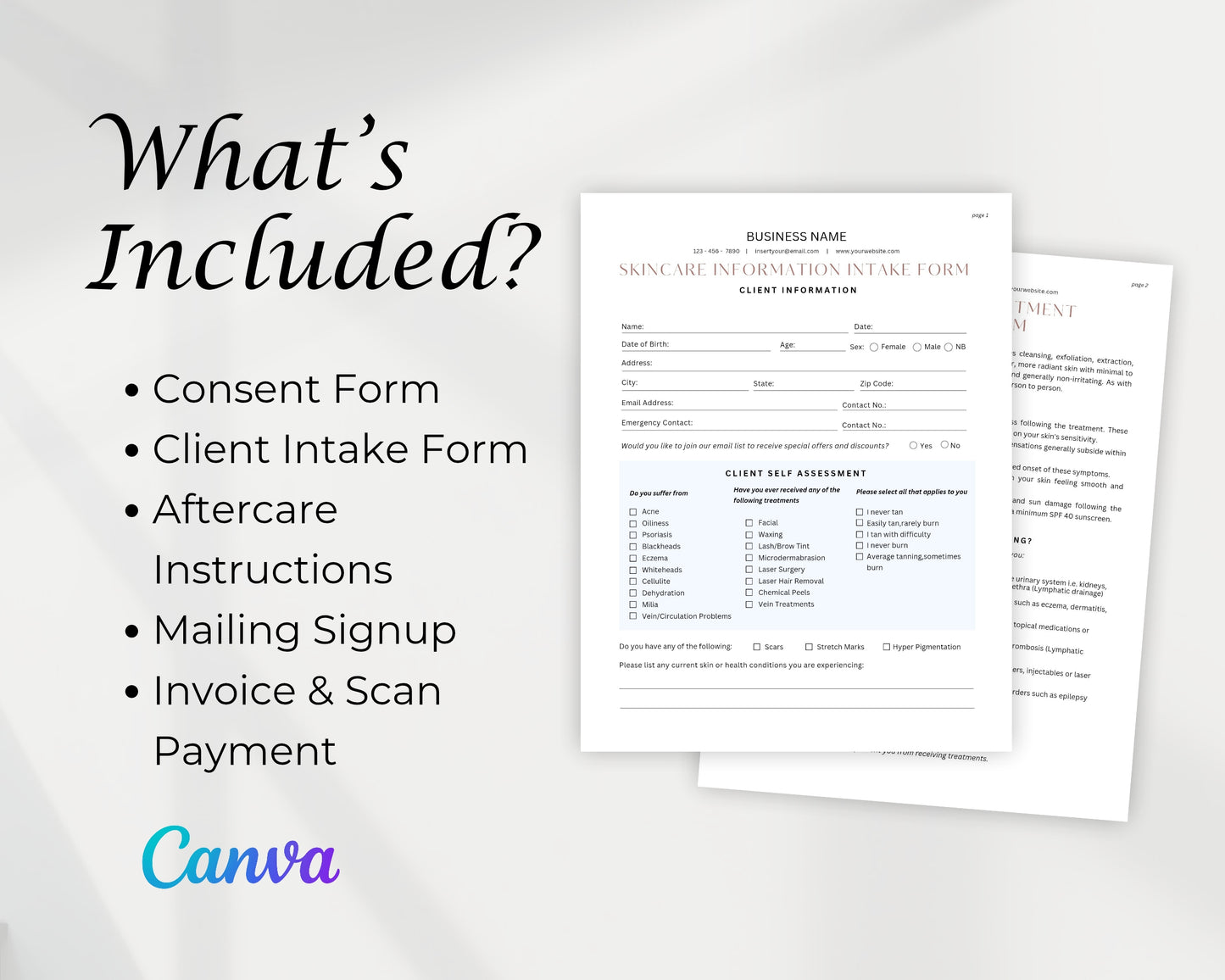 Skincare Form, Consultation form, Client consent form, Editable Canva templates