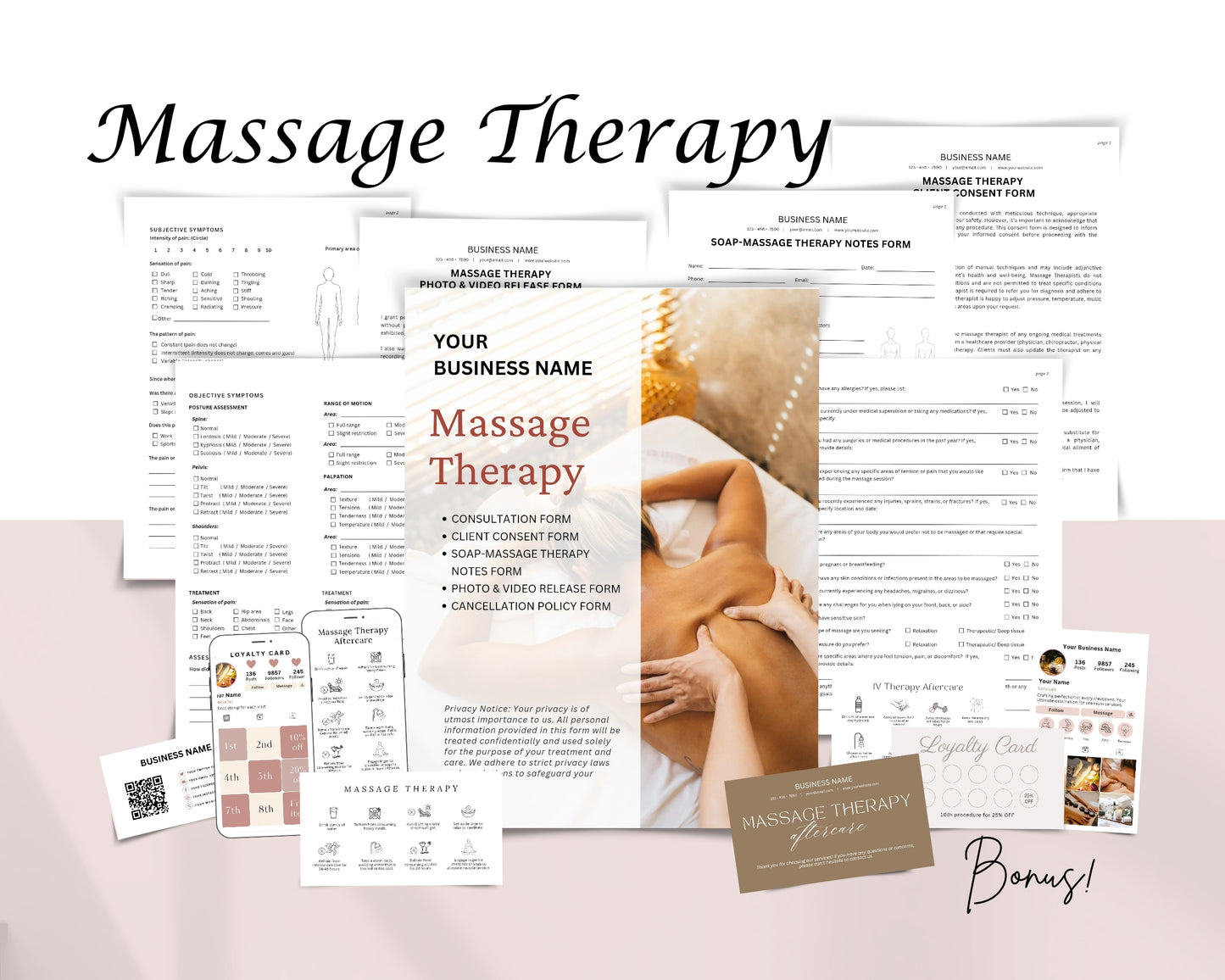 Massage Therapy Form, Consultation form, Client consent form, Loyalty Card, Business Card, Editable Canva templates, Aftercare Card