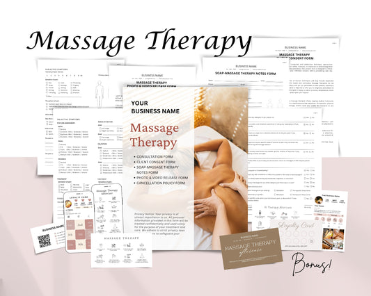 Massage Therapy Form, Consultation form, Client consent form, Loyalty Card, Business Card, Editable Canva templates, Aftercare Card