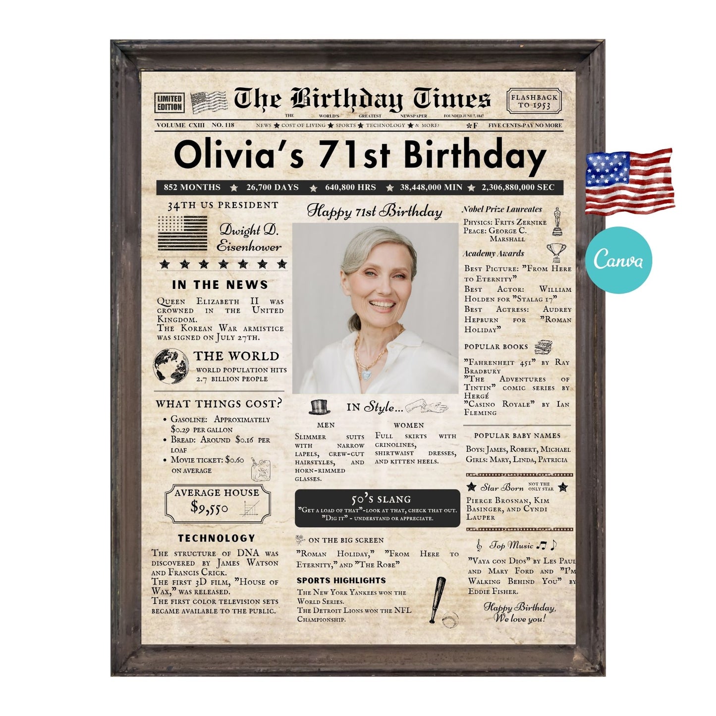 71st Birthday Vintage Brown Newspaper, EDITABLE Birthday Posters, Printable Newspaper Birthday Gifts, Canva