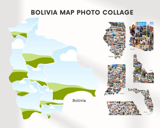 EDITABLE Bolivia Map Photo Collage, 9 Photos, Map Wall Art, CANVA, Digital