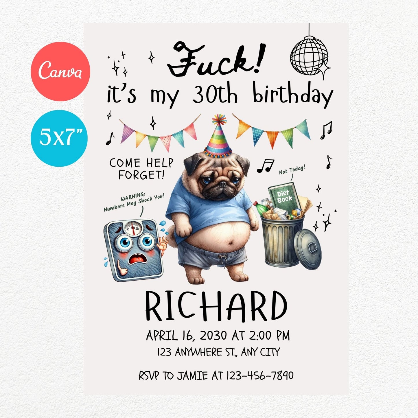 Fat Pugs Funny Birthday Party Invitation