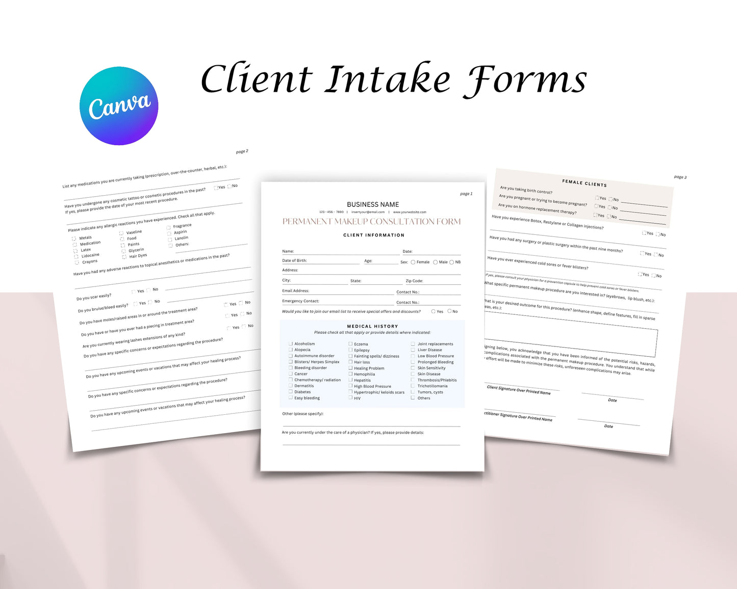 Permanent Makeup PMU Form, Consultation form, Client consent form, Loyalty Card, Business Card, Editable Canva templates, Aftercare Card