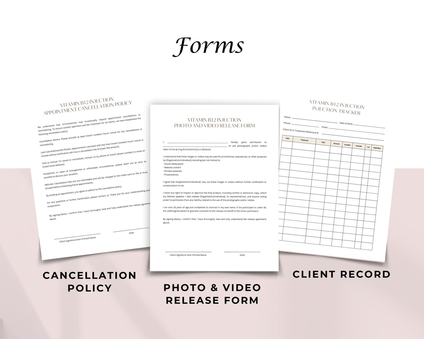 B12 Vitamin Injection Form, Consultation form, Client consent form, Loyalty Card, Business Card, Editable Canva templates, Aftercare Card