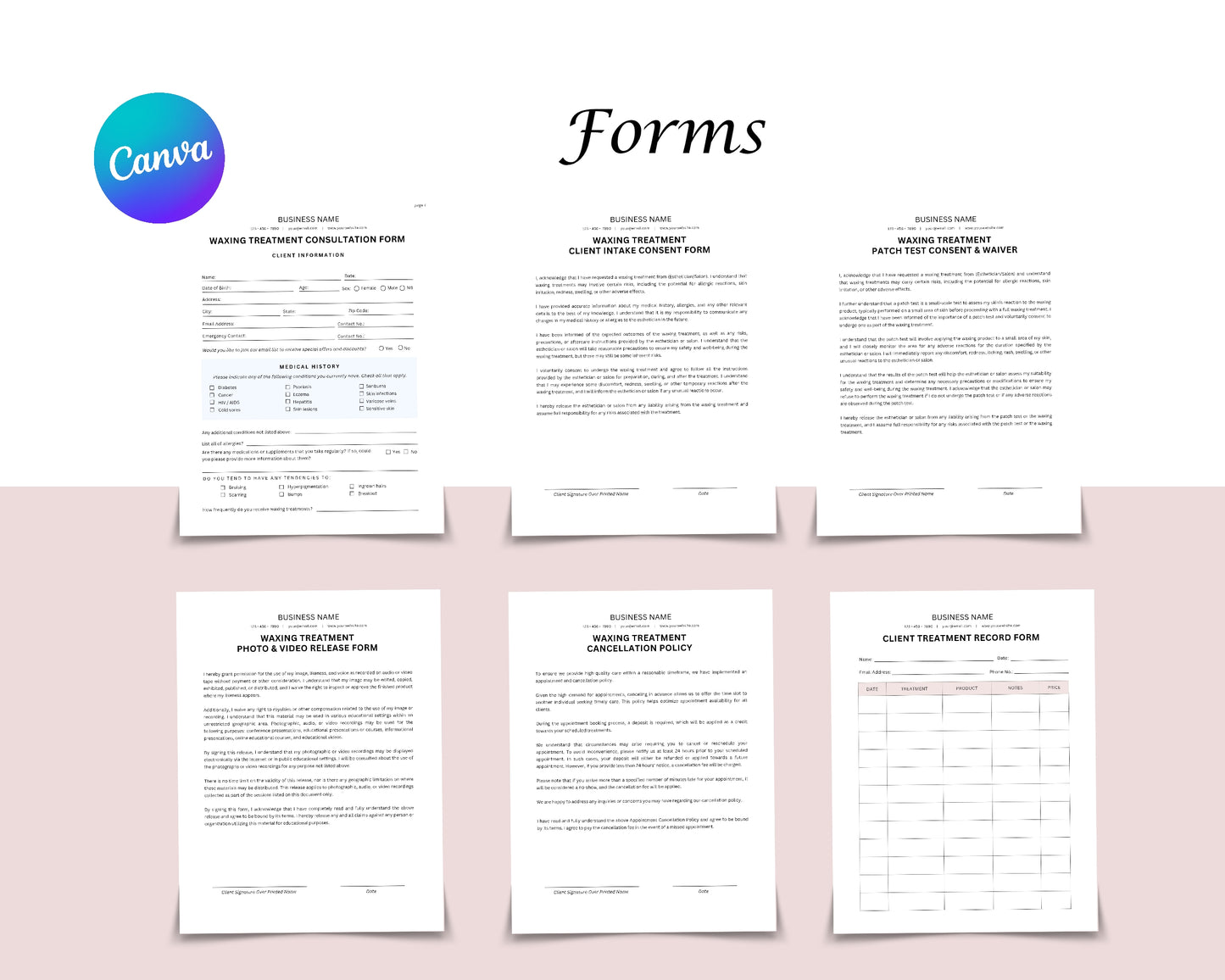 Waxing Treatment Form, Consultation form, Client consent form, Loyalty Card, Business Card, Editable Canva templates, Aftercare Card