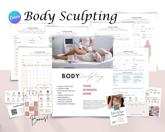 Body Sculpting Form, Consultation form, Client consent form, Loyalty Card, Business Card, Editable Canva templates, Aftercare Card