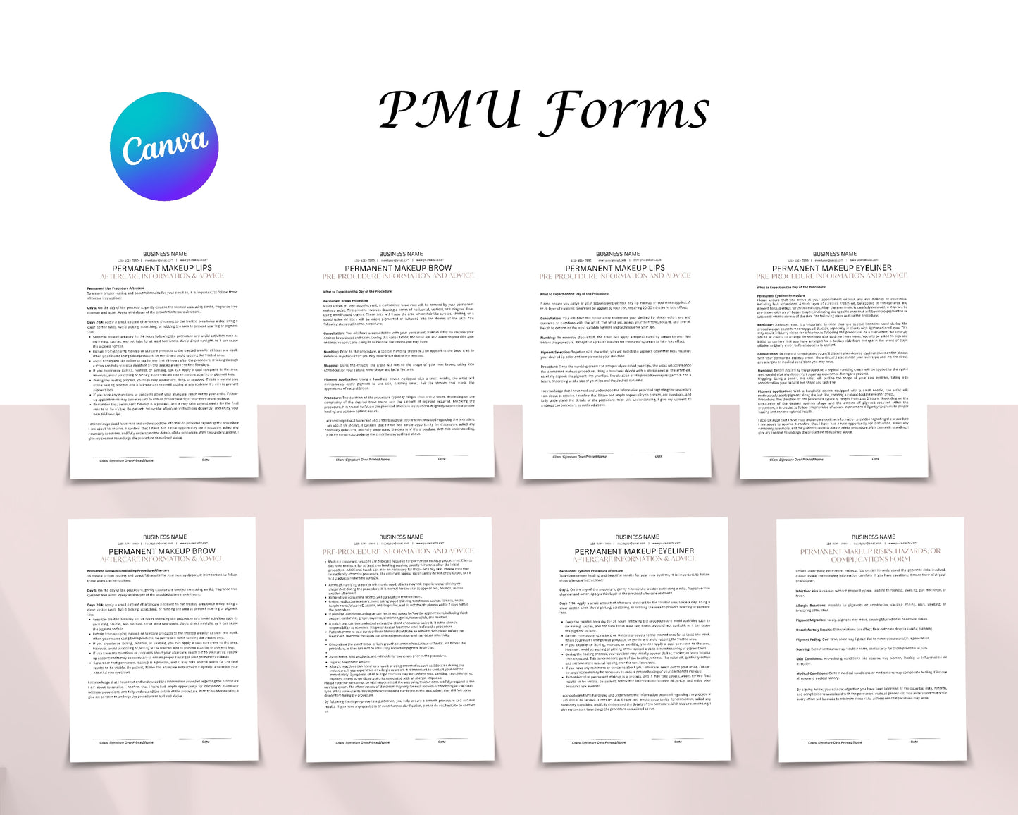 Permanent Makeup PMU Form, Consultation form, Client consent form, Loyalty Card, Business Card, Editable Canva templates, Aftercare Card