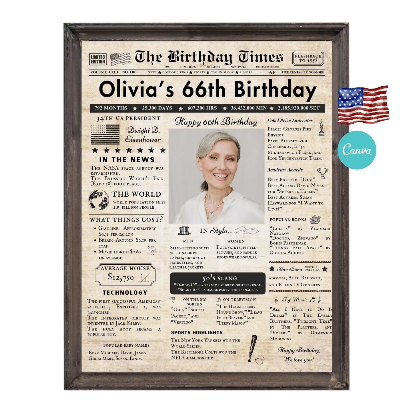 66th Birthday Vintage Brown Newspaper, EDITABLE Birthday Posters, Printable Newspaper Birthday Gifts, Canva