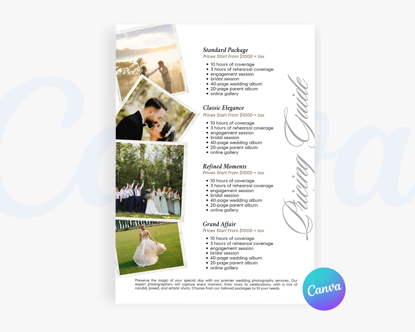 Photography Pricing Guide, Wedding Photography Price List, Edit in Canva - PDP17