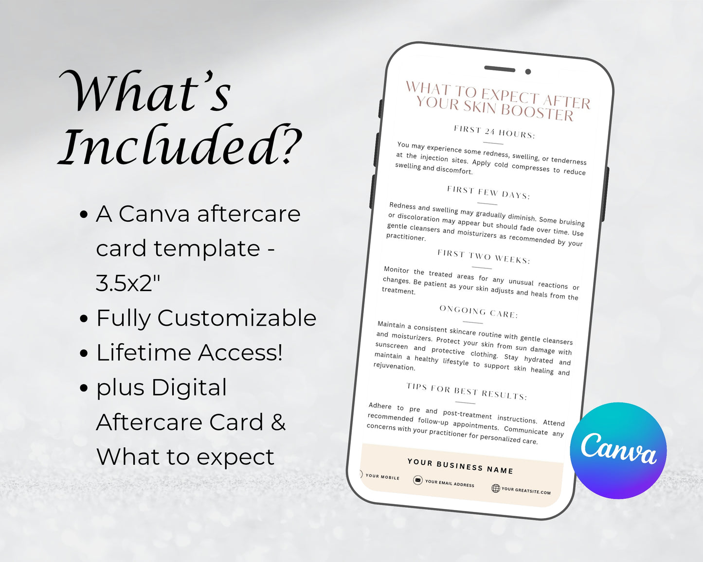 Skin Booster Care Card, Aftercare Card, Edit in Canva