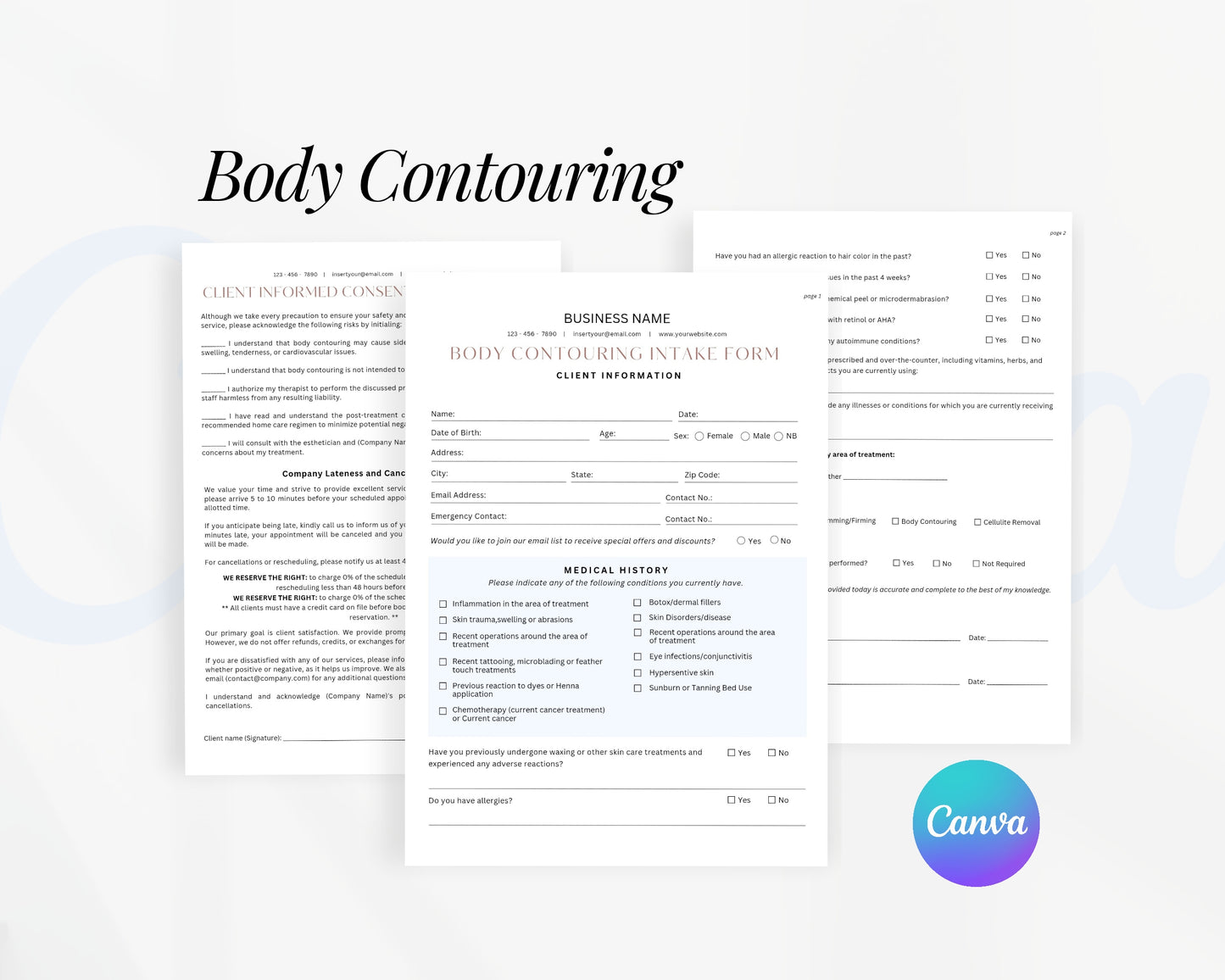 Body Contouring Form, Consultation form, Client consent form, Editable Canva templates