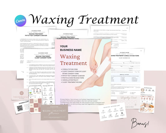 Waxing Treatment Form, Consultation form, Client consent form, Loyalty Card, Business Card, Editable Canva templates, Aftercare Card