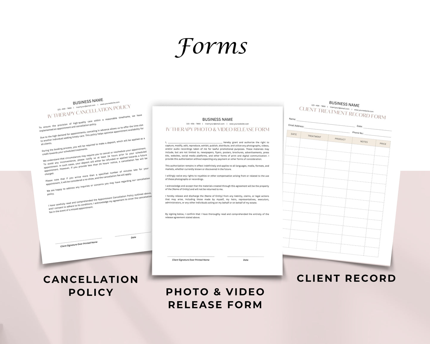 IV Therapy Form, Consultation form, Client consent form, Loyalty Card, Business Card, Editable Canva templates, Aftercare Card