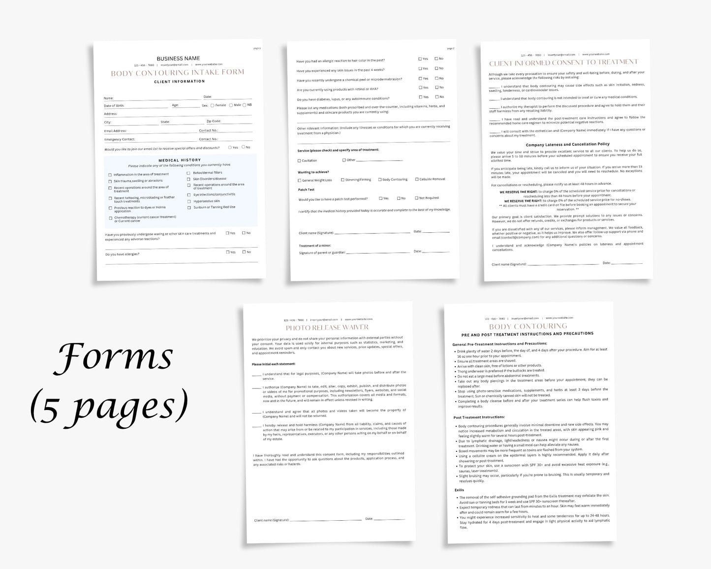 Body Contouring Form, Consultation form, Client consent form, Editable Canva templates