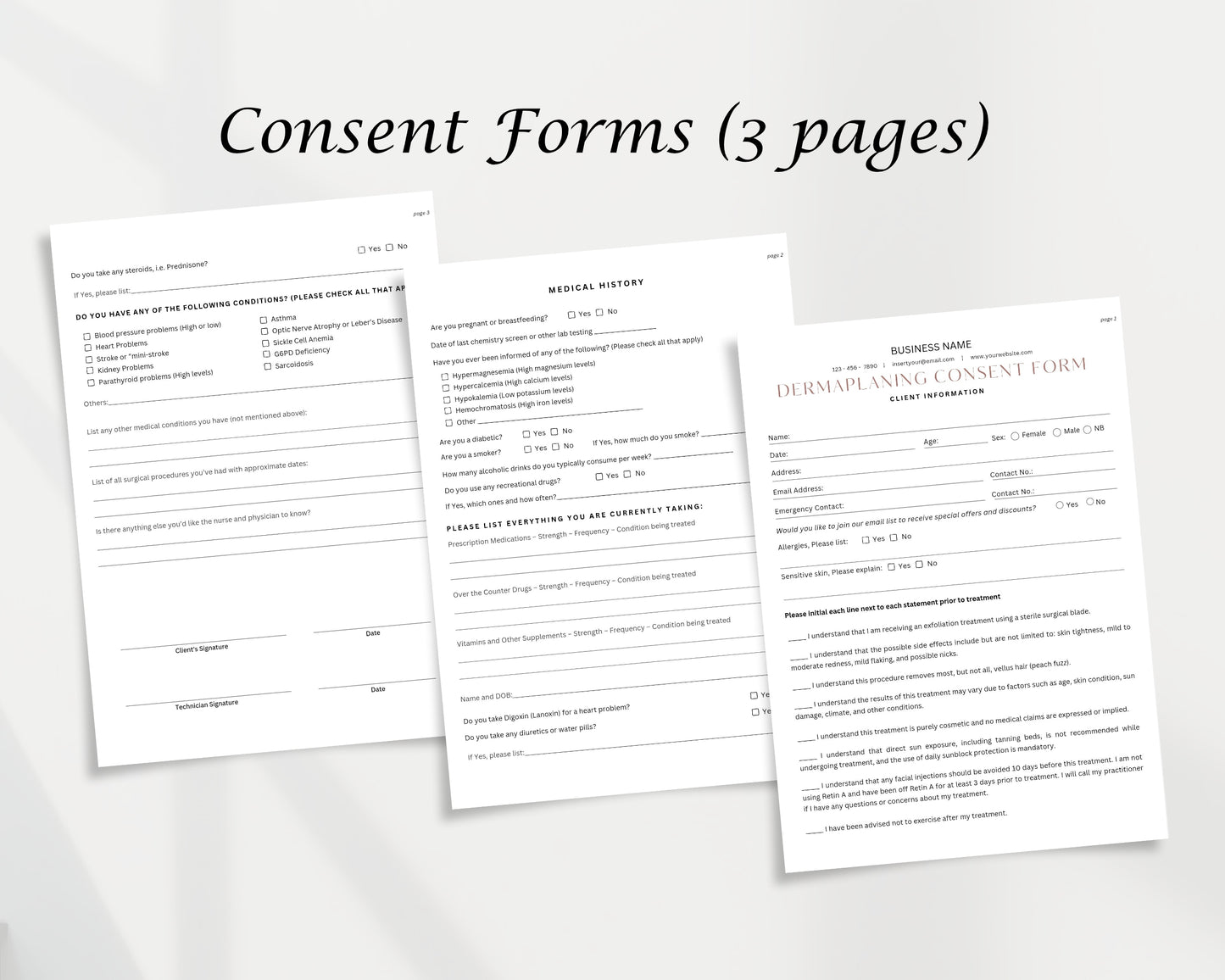 Dermaplanning Form, Consultation form, Client consent form, Editable Canva templates