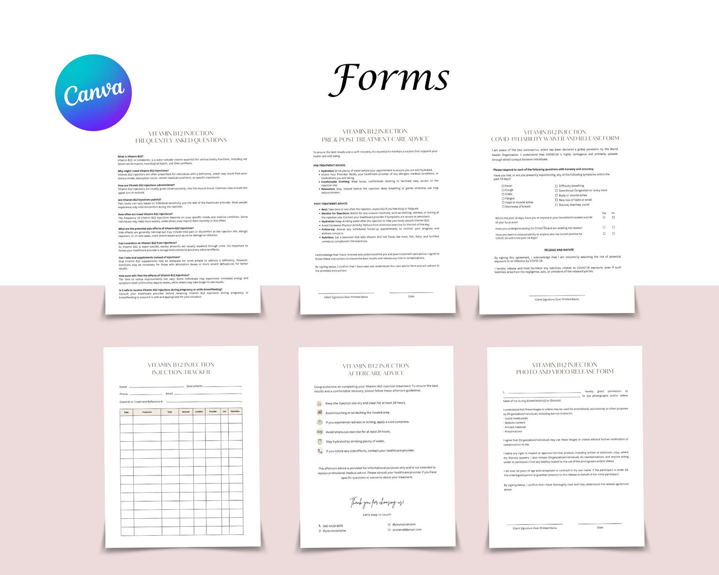 B12 Vitamin Injection Form, Consultation form, Client consent form, Loyalty Card, Business Card, Editable Canva templates, Aftercare Card