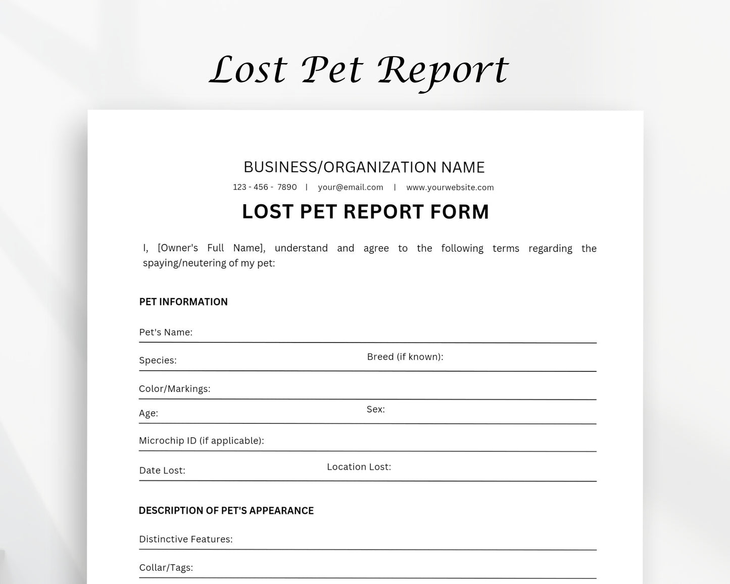 Lost Pet Report Printable Form, Edit in Canva, Digital