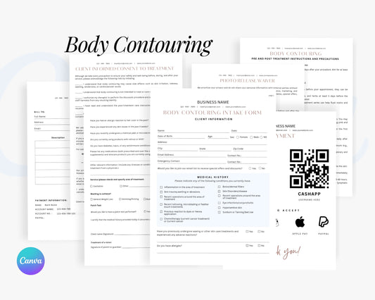 Body Contouring Form, Consultation form, Client consent form, Editable Canva templates