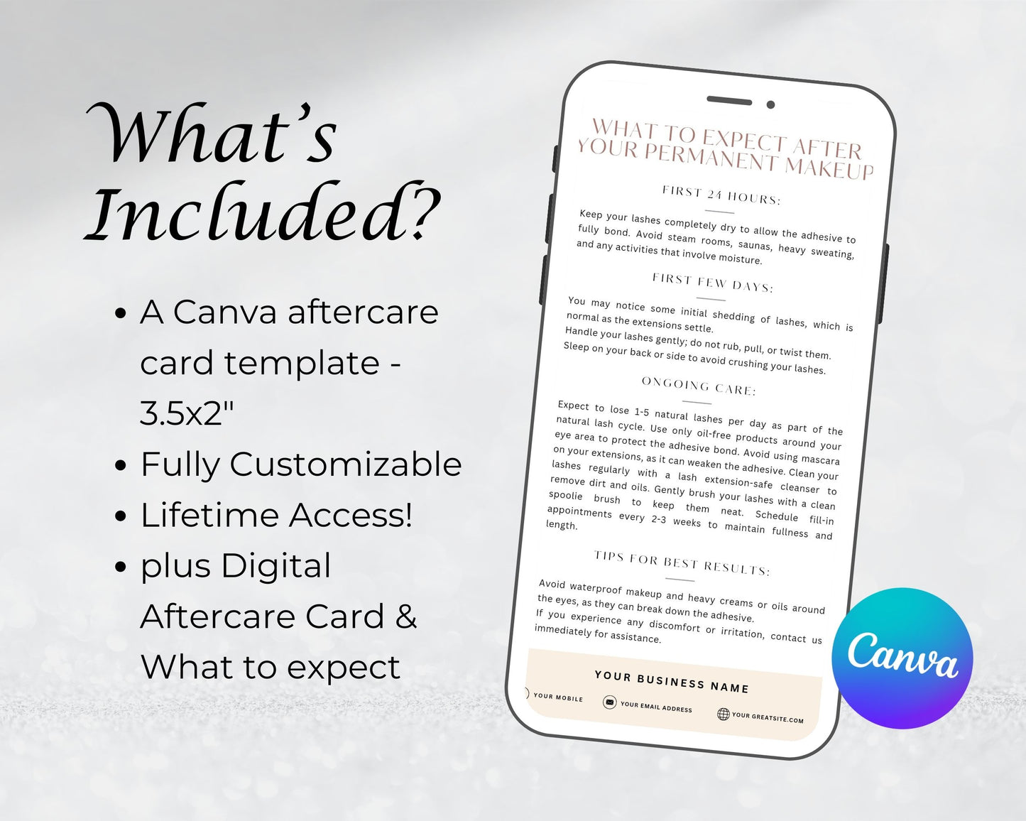 Eyelash Extensions Care Card, Aftercare Card, Edit in Canva