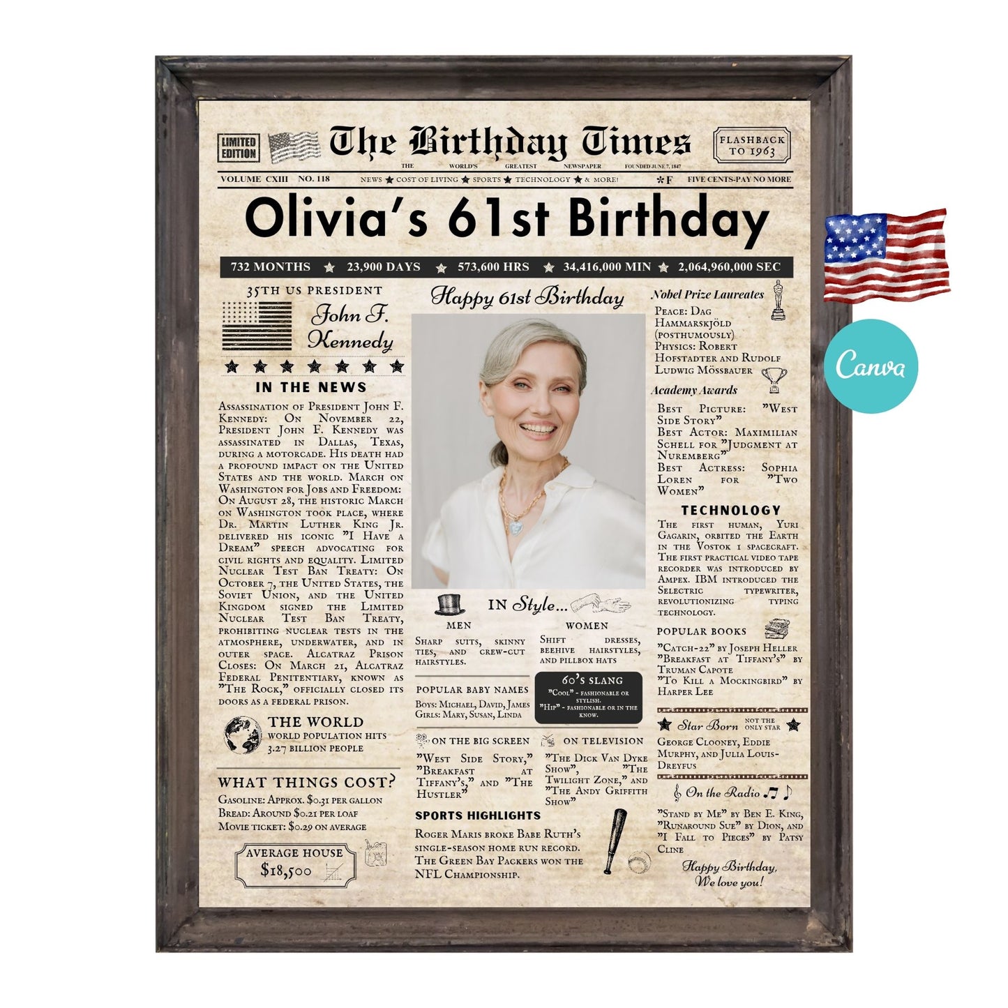 61st Birthday Vintage Brown Newspaper, EDITABLE Birthday Posters, Printable Newspaper Birthday Gifts, Canva