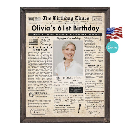 61st Birthday Vintage Brown Newspaper, EDITABLE Birthday Posters, Printable Newspaper Birthday Gifts, Canva