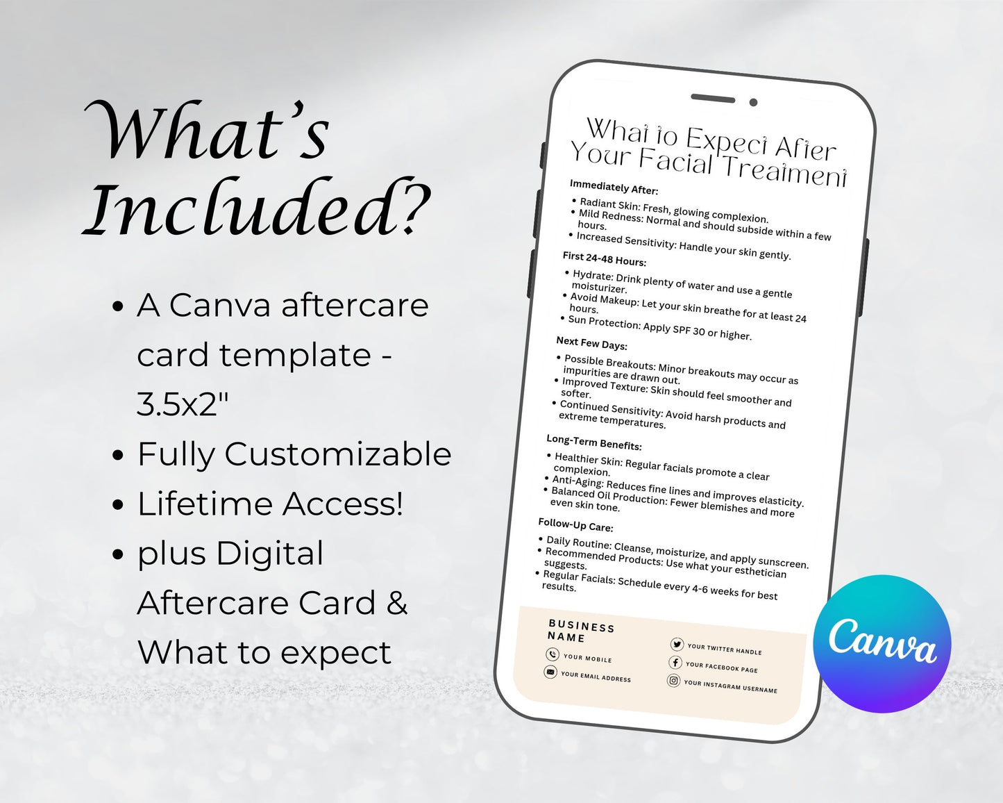 Facial Treatment Care Card, Aftercare Card, Edit in Canva