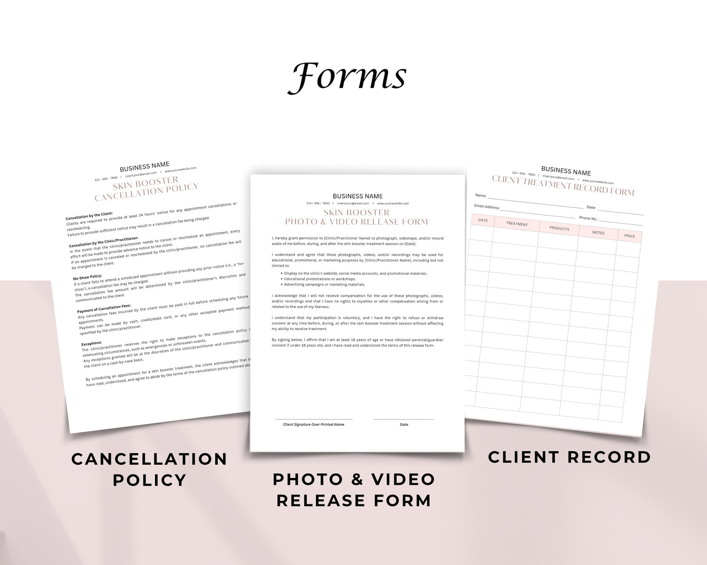 Skin Booster Form, Consultation form, Client consent form, Loyalty Card, Business Card, Editable Canva templates, Aftercare Card