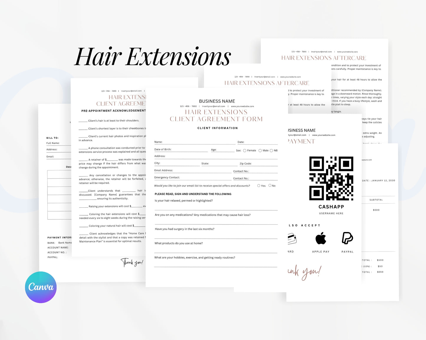 Hair Extensions Form, Consultation form, Client consent form, Editable Canva templates