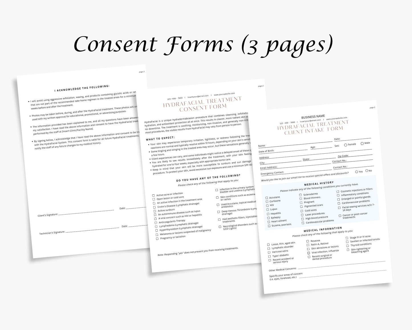 Hydrafacial Form, Consultation form, Client consent form, Editable Canva templates