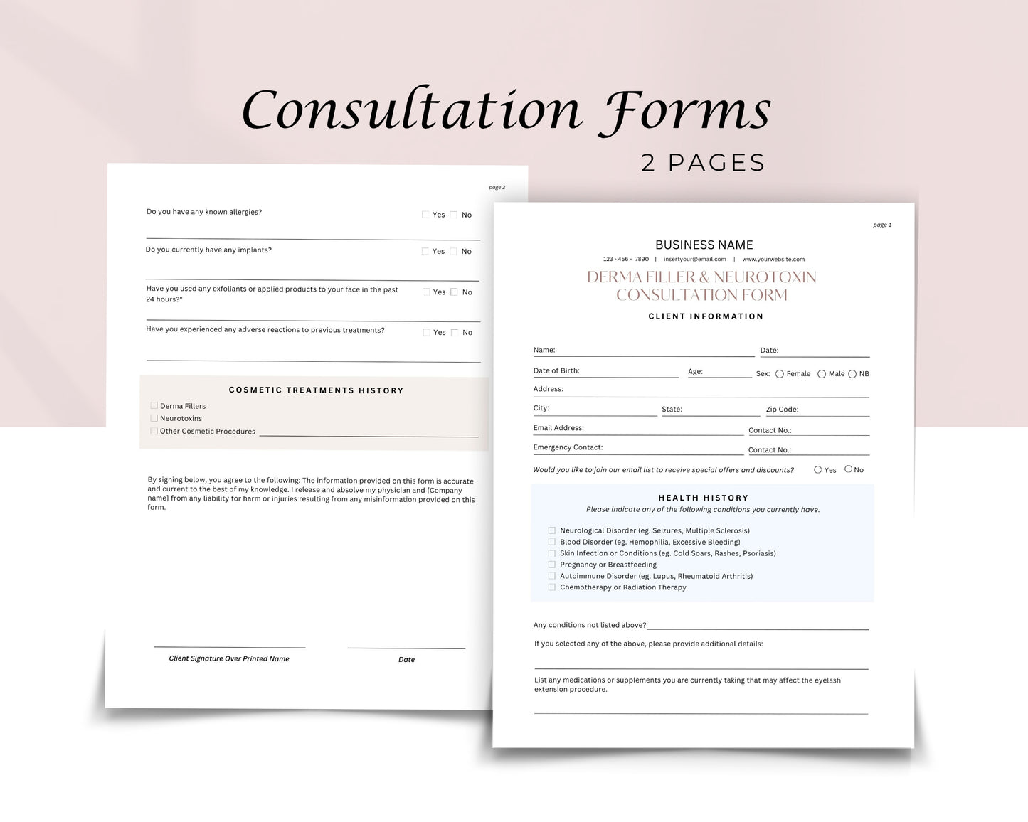 Derma Filler Form, Consultation form, Client consent form, Loyalty Card, Business Card, Editable Canva templates, Aftercare Card