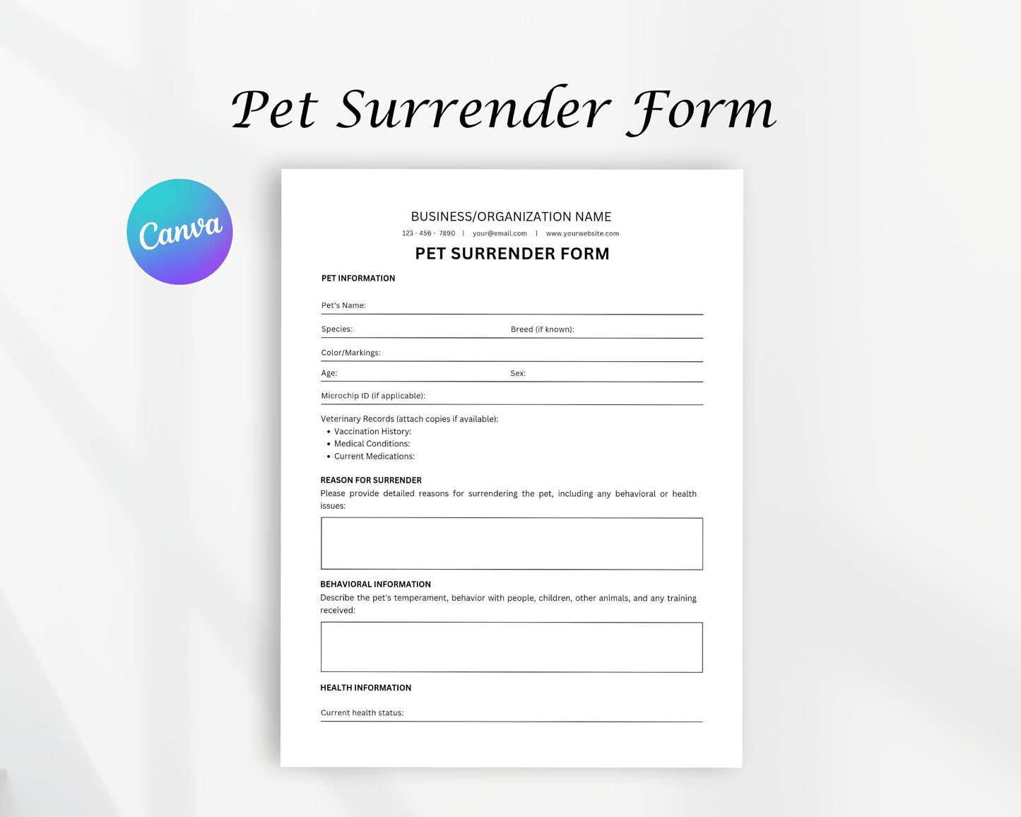 Pet Surrender Printable Form, Edit in Canva, Digital