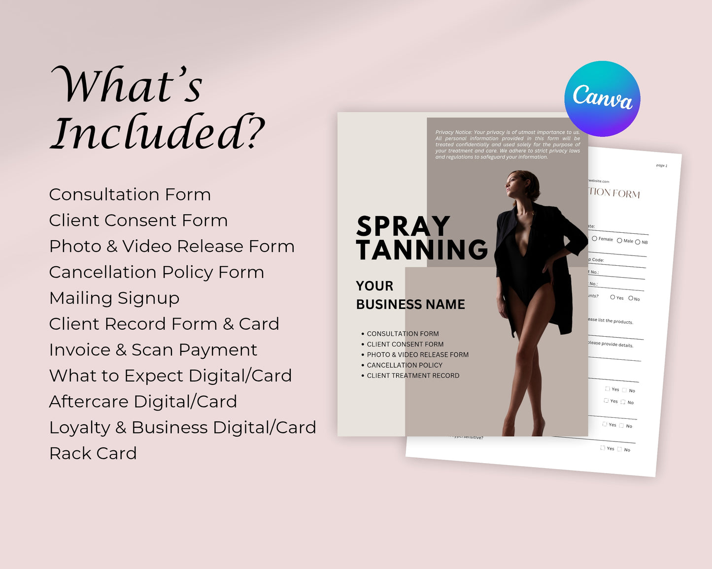 Spray Tan Form, Consultation form, Client consent form, Loyalty Card, Business Card, Editable Canva templates, Aftercare Card