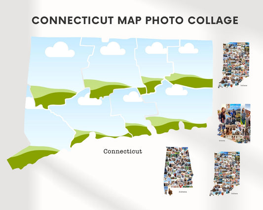 EDITABLE Connecticut Map Photo Collage, 8 Photos, Map Wall Art, CANVA, Digital