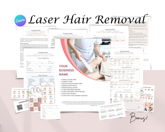 Laser Hair Removal Form, Consultation form, Client consent form, Loyalty Card, Business Card, Editable Canva templates, Aftercare Card