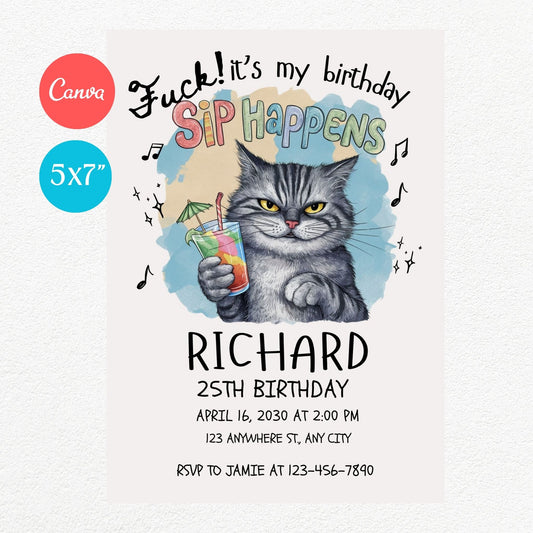 Sip Happens Funny Birthday Party Invitation