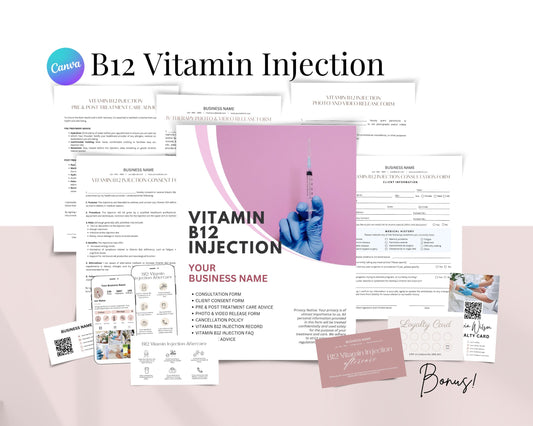 B12 Vitamin Injection Form, Consultation form, Client consent form, Loyalty Card, Business Card, Editable Canva templates, Aftercare Card