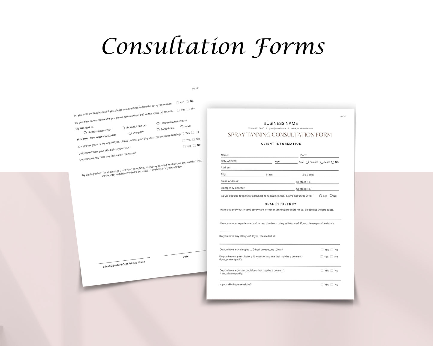 Spray Tan Form, Consultation form, Client consent form, Loyalty Card, Business Card, Editable Canva templates, Aftercare Card