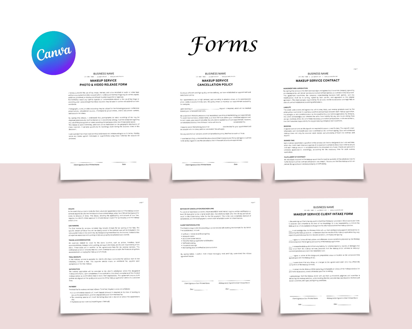 Makeup Service Business Forms, Consultation form, Client consent form, Loyalty & Business Card, Edit in Canva