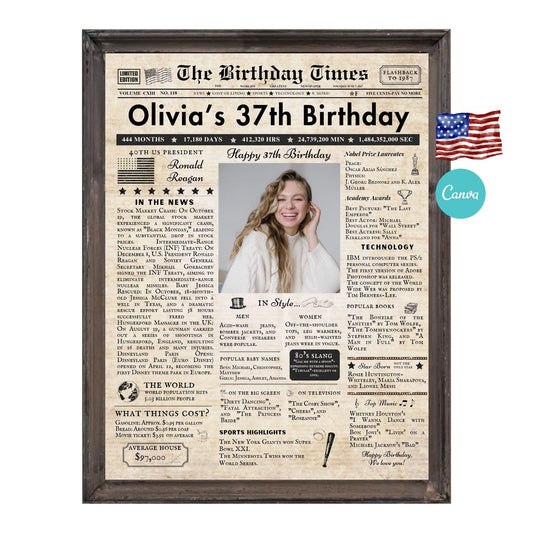 37th Birthday Vintage Brown Newspaper, EDITABLE Birthday Posters, Printable Newspaper Birthday Gifts, Canva