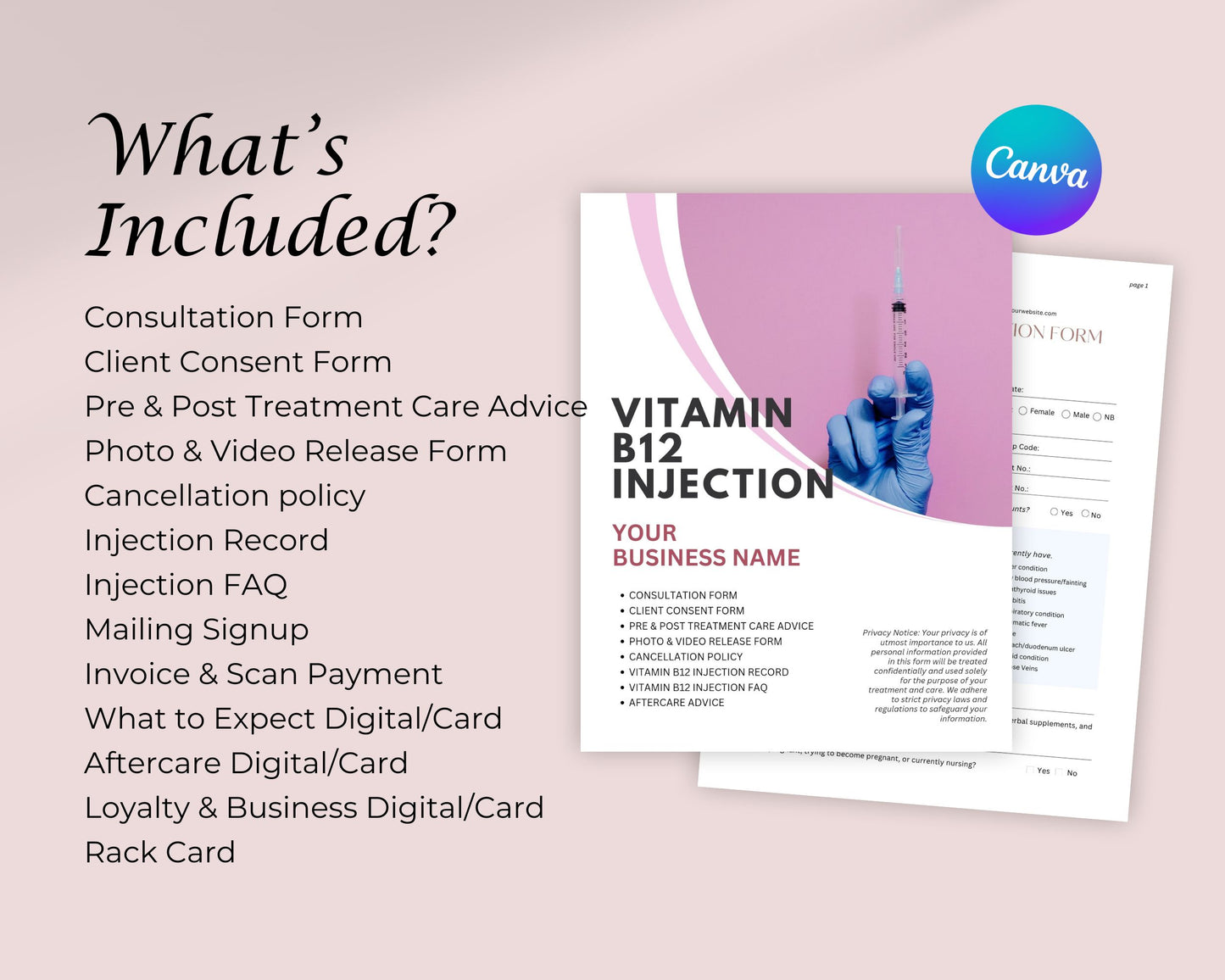 B12 Vitamin Injection Form, Consultation form, Client consent form, Loyalty Card, Business Card, Editable Canva templates, Aftercare Card