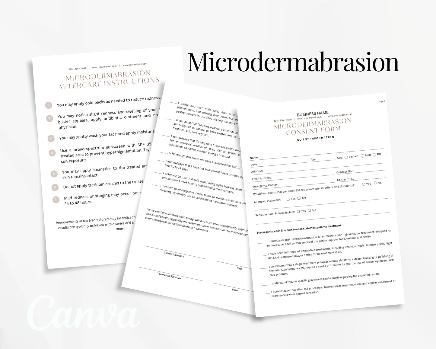 Microdermabrasion Form, Consultation form, Client consent form, Editable Canva templates