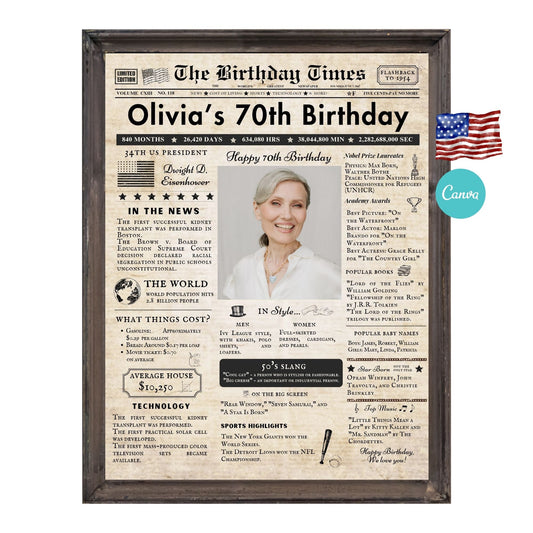 70th Birthday Vintage Brown Newspaper, EDITABLE Birthday Posters, Printable Newspaper Birthday Gifts, Canva