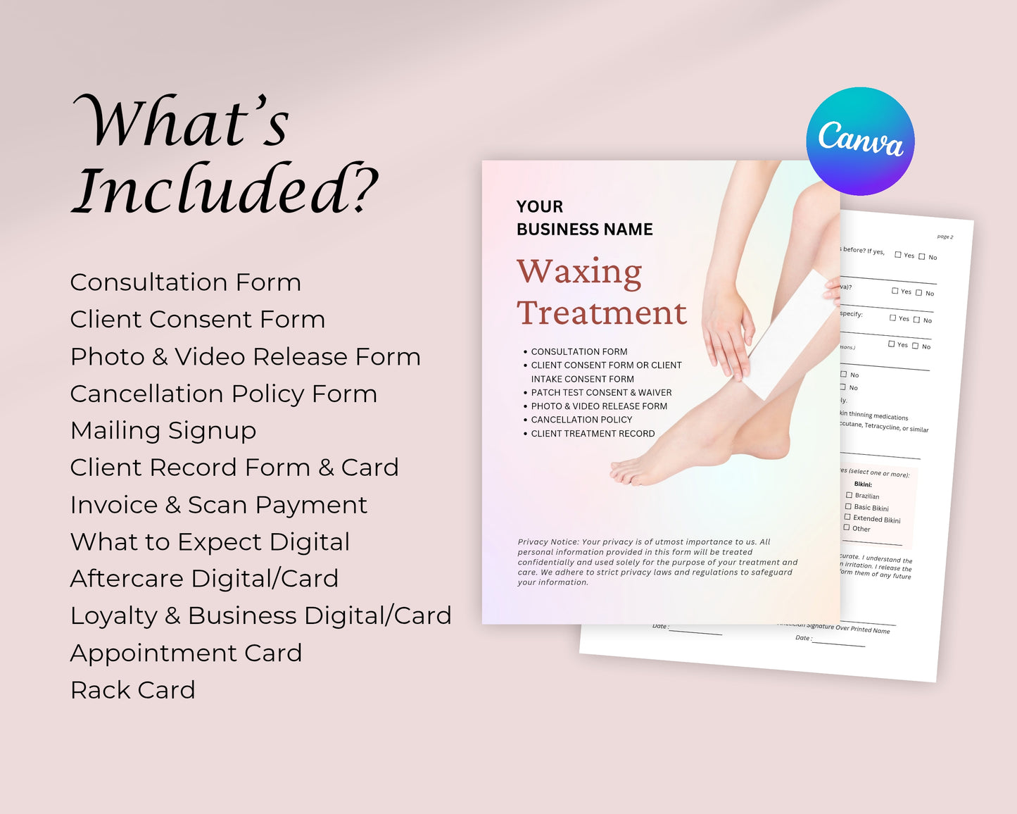 Waxing Treatment Form, Consultation form, Client consent form, Loyalty Card, Business Card, Editable Canva templates, Aftercare Card